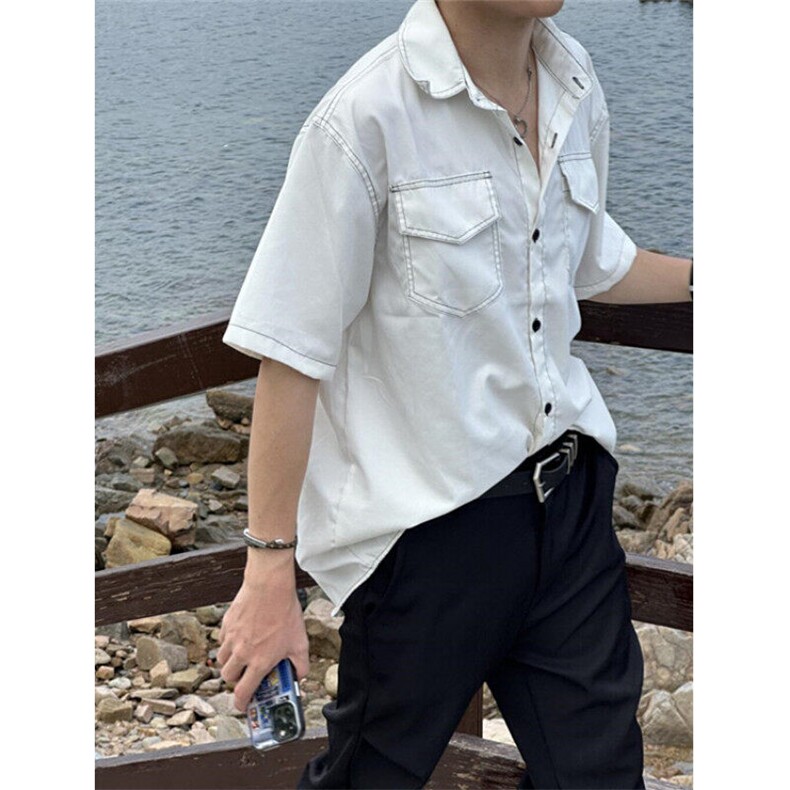 复古短袖衬衫男夏季潮牌帅气百搭宽松小众半袖青少年衬衣C158,男装T恤,星座1116A（原606A-3）