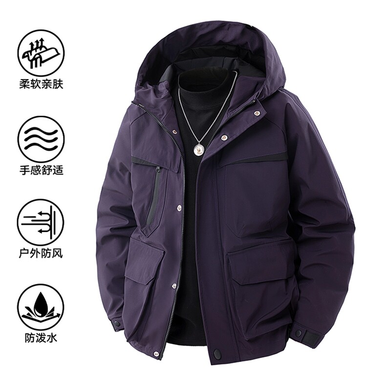 新款硬汉风户外夹克男连帽纯色上衣冲锋衣外套A157B-J2526-特P85图片