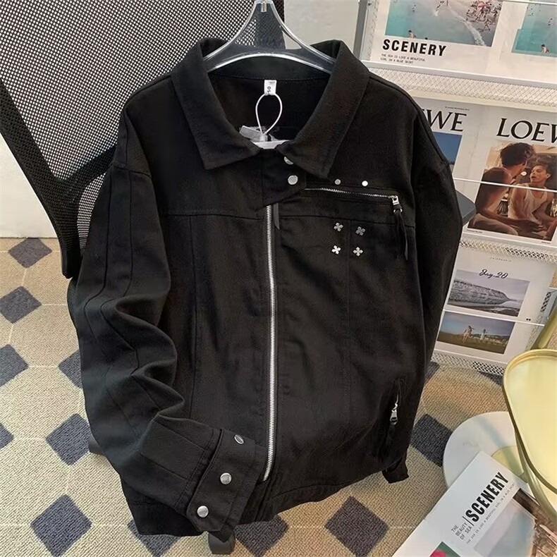 美式复古高街黑色牛仔外套男春秋季设计感小众潮牌夹克JK11/P80，男装工装外套，星座506B