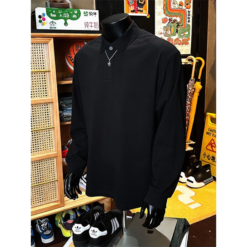 抖音得物高品质二开230克精梳珠地光版纯色宽松长袖T恤翻领POLO衫,男装T恤,电商A486