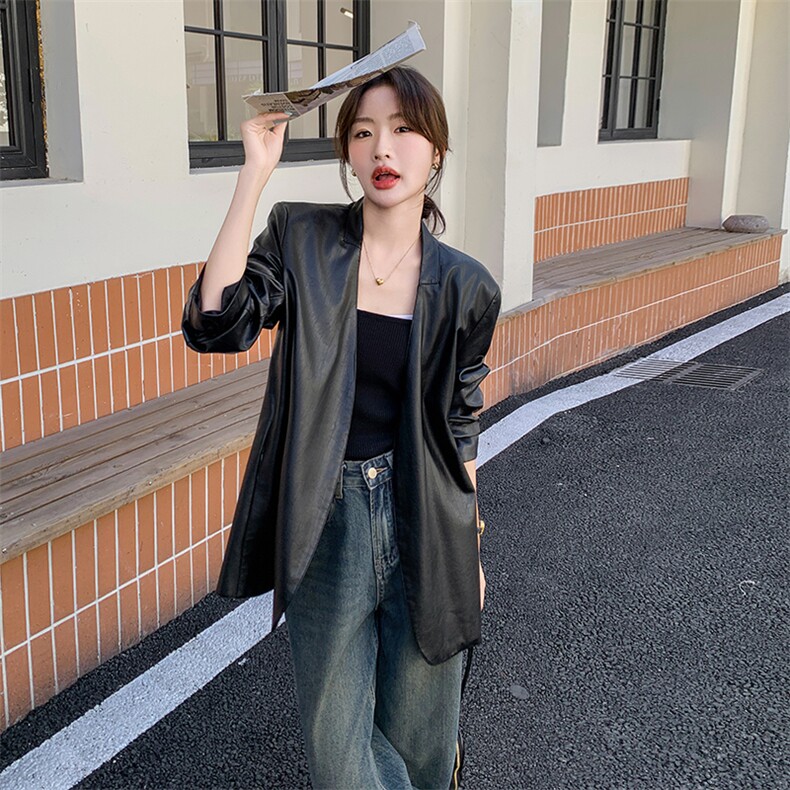 高级感美式慵懒chic黑色皮衣外套女春秋超火好看炸街短款夹克上衣,女装皮衣,2C262