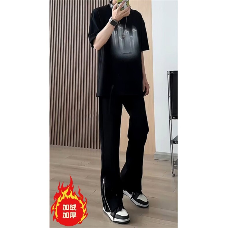 美式微喇牛仔裤加绒直筒裤子高街vibe开叉拉链长裤K8001-P46网图,男装牛仔裤,电商B245