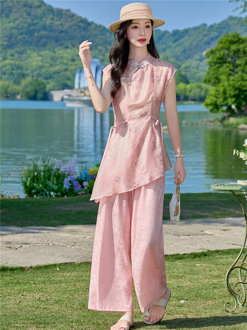 时尚洋气刺绣棉麻套装女2026夏季新款宽松遮肉衬衫领阔腿裤两件套,女装套装/套裙,众宇琦