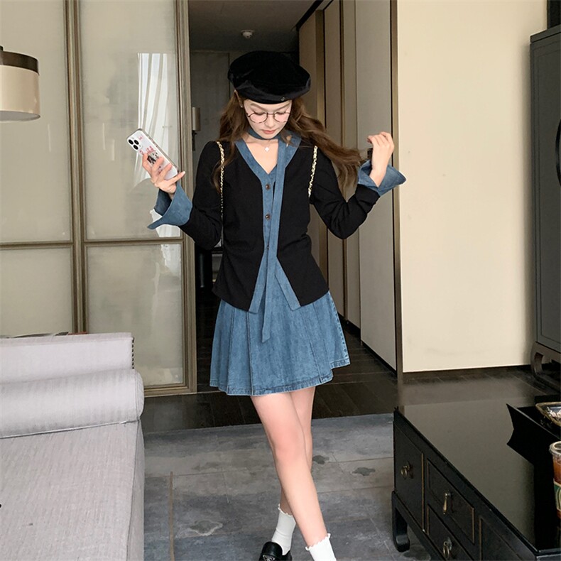 甜美牛仔拼接百褶短裙套装女春秋小个子两件套超火爆款高级感减龄,女装套装/套裙,浙宝276（原081）
