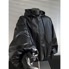 网图~现货chill宽松版廓形连帽PU皮衣夹克外套W1371/P75，男装皮衣，电商B350