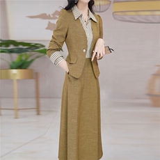 梦晚时尚西服套装裙女秋装2025新款显瘦干练条纹拼接连衣裙两件套，女装套装/套裙，超越