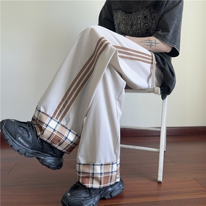 夏季新款潮流撞色格子拼接宽松休闲冰丝裤B315-K25642-特p35控68图片