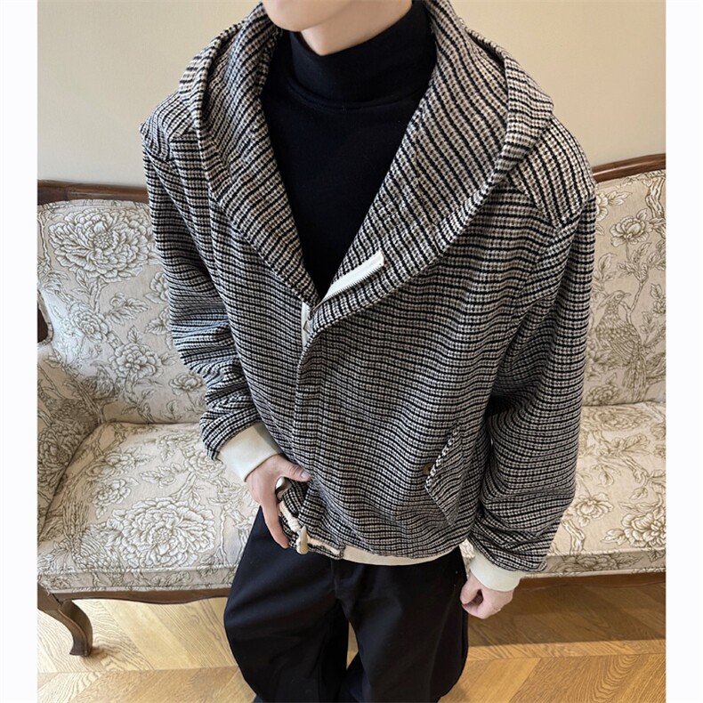 千鸟格呢子夹克男宽松百搭牛角扣休闲连帽外套XZ514-2-4234-P108,男装夹克,星座514-2(原B239)