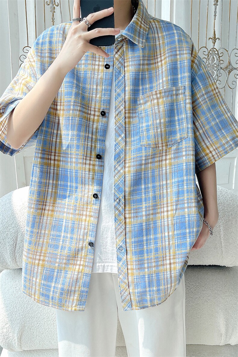 夏季复古格子大码原创休闲男半袖短袖衬衫C2174-P27【特价】,男装T恤,电商A007