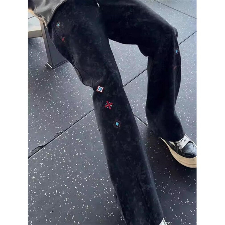 扎染刺绣直筒卫裤男春秋美式宽松窄版阔腿裤弯刀微喇裤子,男装休闲裤,四季星座505