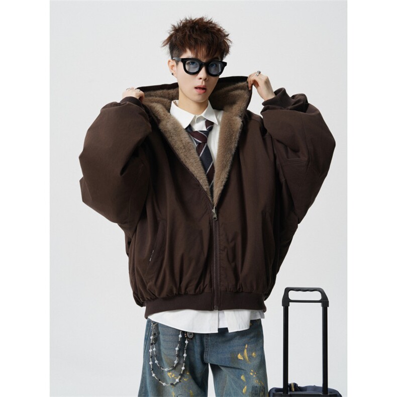 706- LK6041-P100  现货  冬季两面穿仿兔毛棉衣保暖连帽棉服外套图片