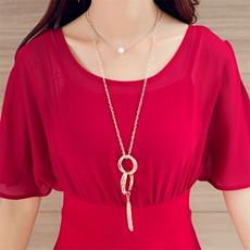 时尚韩版圆领高腰修身漏肩蝙蝠袖甜头A字连衣裙，女装连衣裙，贵人树