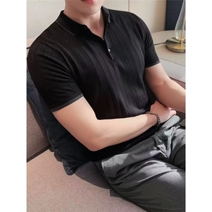 网图 休闲透气人字纹提花短袖POLO衫男士修身冰丝条纹针织翻领T恤图片