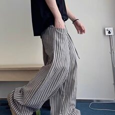 美式复古慵懒松弛竖条纹拖地裤男女港风休闲宽松百搭直筒阔腿裤，男装休闲裤，星座218-1（原230）