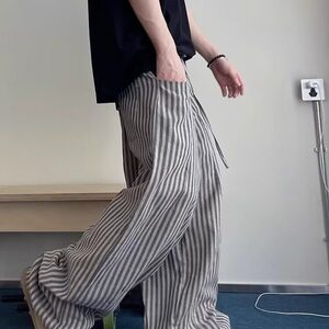 美式复古慵懒松弛竖条纹拖地裤男女港风休闲宽松百搭直筒阔腿裤图片