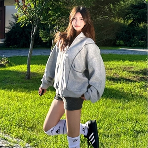 抖音得物高品质秋冬美式高街重磅结构辑明线纹理连帽卫衣外套W111图片