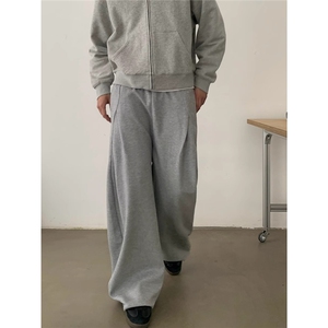 1506/QA2520/P50美式灰色重磅新款宽松褶皱设计感阔腿休闲长裤
