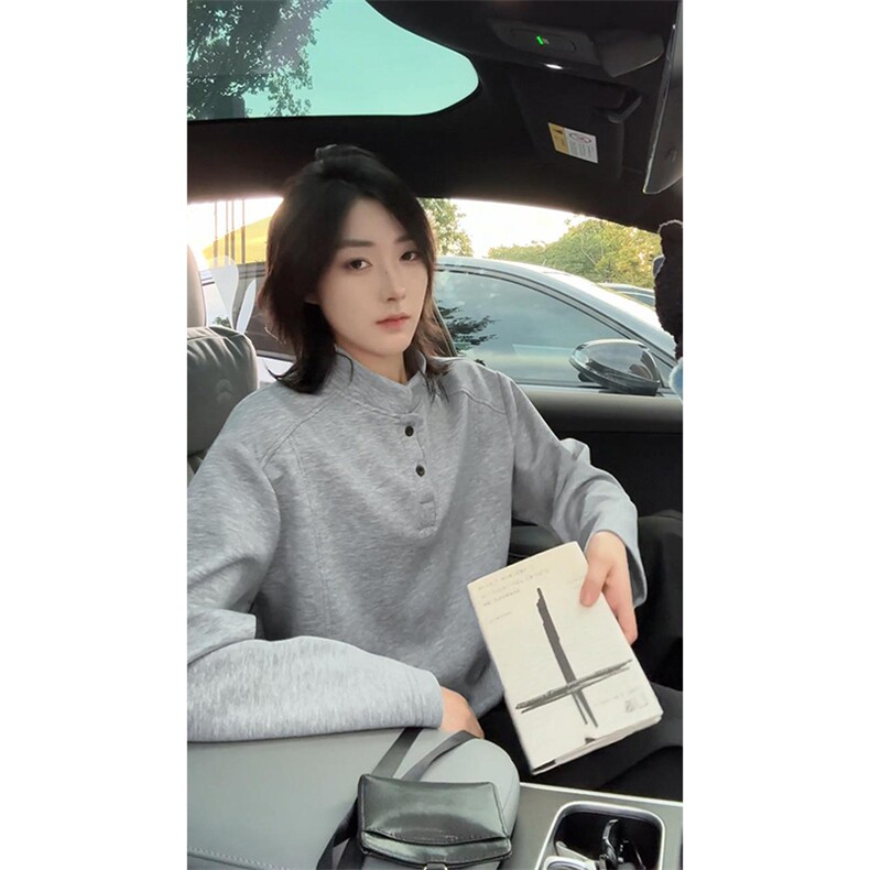 抖音得物品质美式高街重磅曼巴棉拼接cleanfit亨利领卫衣长袖T恤,男装T恤,电商A486-1