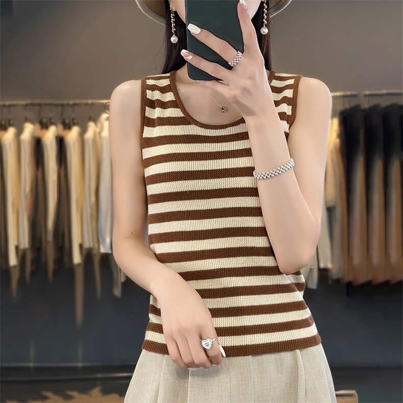 羊毛针织吊带背心女2023春夏新款修身外穿圆领内搭上衣条纹打底衫，女装背心吊带，蚂蚁派对工厂直营店