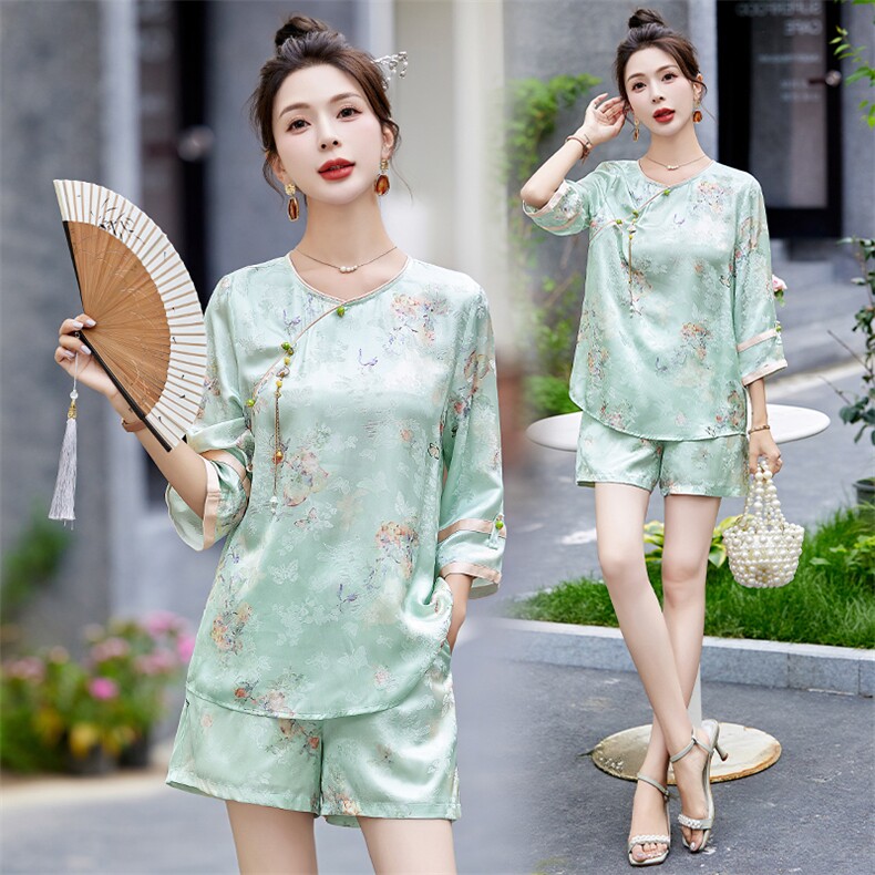 新中式国风短裤套装女2025夏季新款高级设计感印花防晒上衣两件套，女装套装/套裙，星期衣