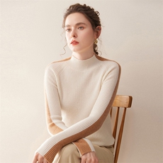 2025秋冬百搭时尚简约半高领撞色袖抽条羊绒衫，女装羊绒衫，珍丝贝尔