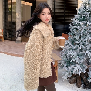 卡其色牛角扣皮毛一体羊羔毛外套女秋冬2025新款软糯减龄爆款棉服图片