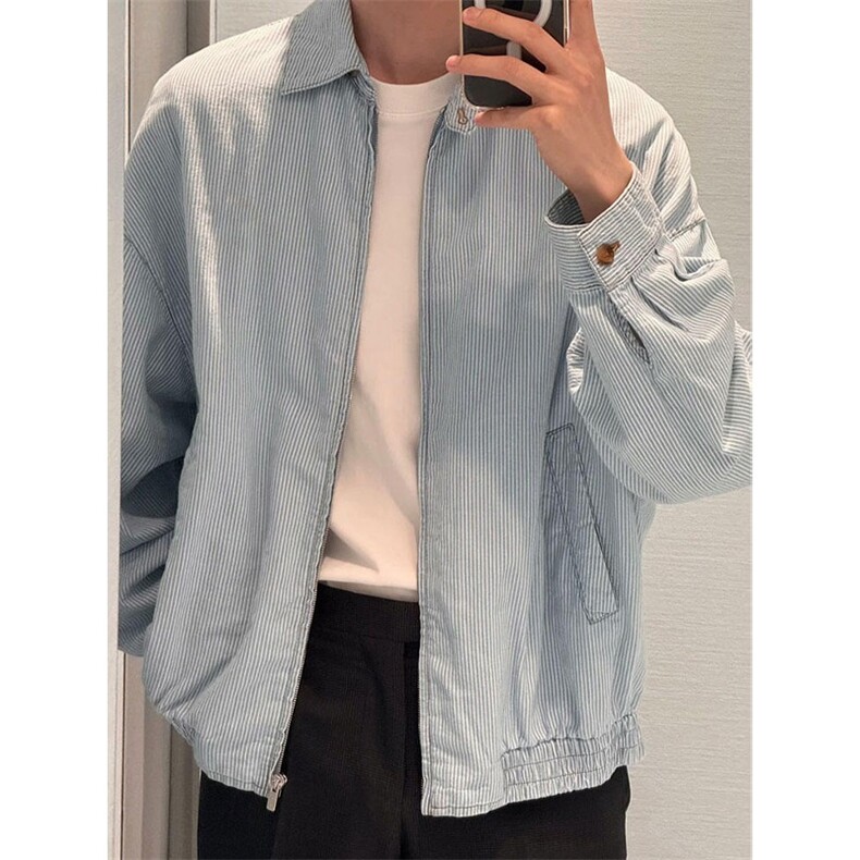复古松弛感蓝白条纹翻领衬衫款夹克男生休闲短款外套LW1200-P59,男装夹克,星座1008
