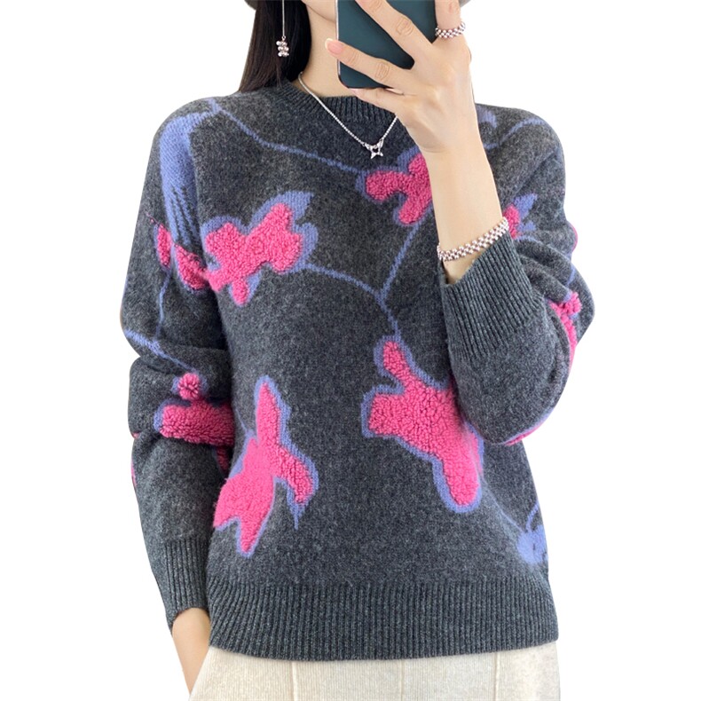2024秋冬新款女装宽松显瘦印花羊毛衫休闲百搭,女装羊毛衫,鹿一羊绒