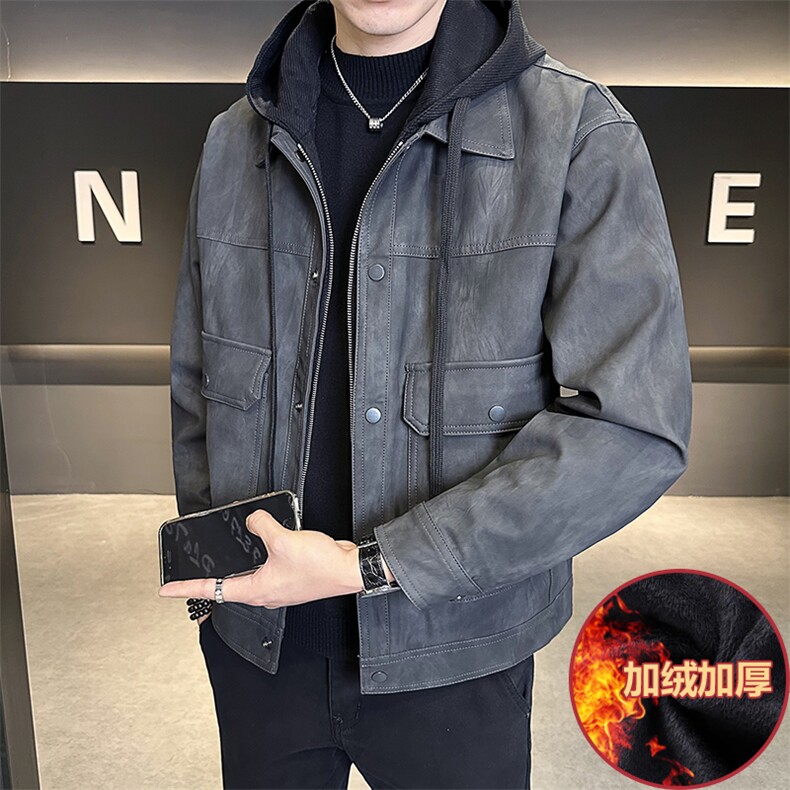 加绒加厚假两件连帽可拆卸男装皮衣外套夹克C317-J6662-P170,男装夹克,电商C317