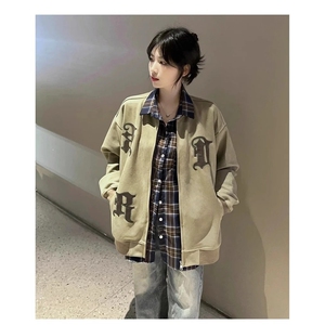 美式复古街头麂皮绒贴布刺绣夹克上衣男女春秋小众外套HH8027 P65图片