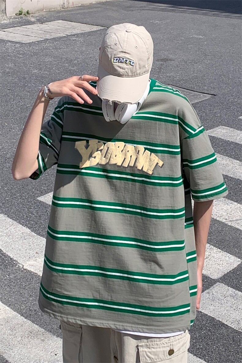 B239-1269-P48横条纹美式复古字母印花夏季重磅落肩袖短袖t恤,男装T恤,星座514-2(原B239)