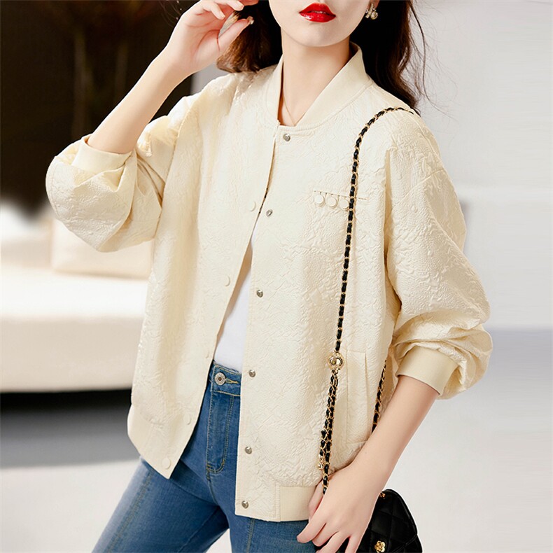 时尚休闲棒球服短外套女2025春秋新款高级感暗纹提花百搭夹克开衫,女装短外套,霓裳依族