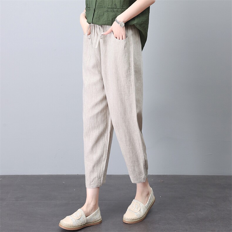 棉麻裤子女2025新款夏今年流行的爆款休闲裤苎麻亚麻妈妈九分裤,女装休闲裤,韩派