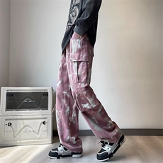 美式高街迷彩工装裤男2023新款设计感宽松直筒阔腿裤K7351-P66，男装休闲裤，星座512-3