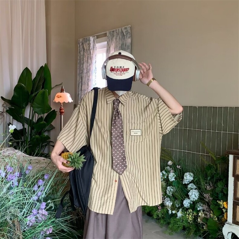 夏季新款氛围感纸片人宽松短袖衬衣女复古宽松冰感条纹衬衫女图片