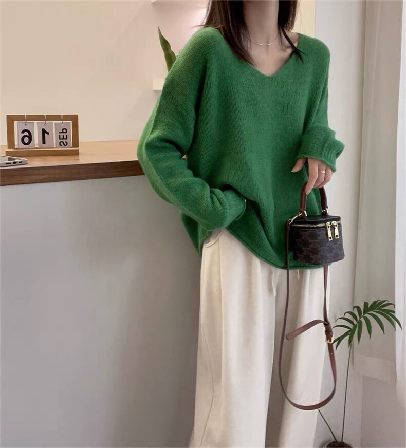 时尚温柔风加厚V领卷边套头羊毛衫显瘦百搭宽松毛衣,女装羊毛衫,圣旺供货