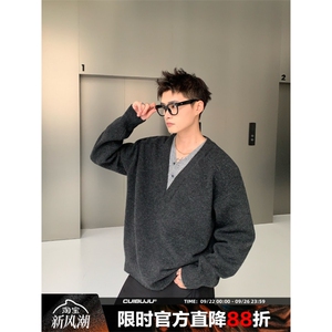 网图 850克美式复古假两件v领毛衣男女款秋季针织衫慵懒风外套P58图片
