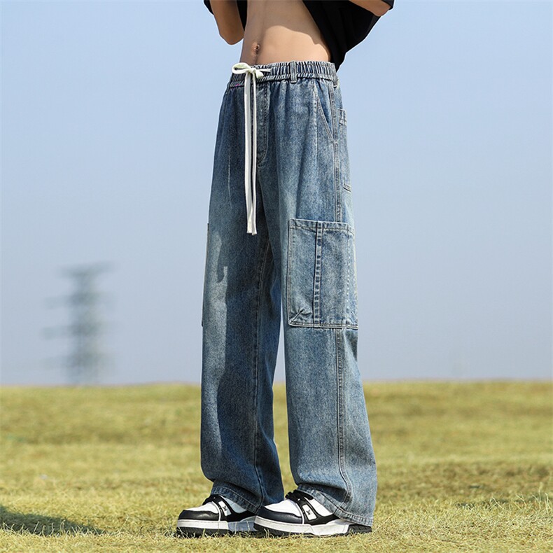 美式高街vibe牛仔裤男女潮牌工装直筒阔腿裤子-BK810-P55复古蓝,男装牛仔裤,星座307-3(原516-1)