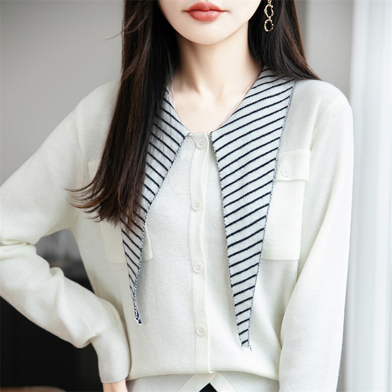 法式时尚设计感条纹披肩领针织打底开衫女高级感小众洋气上衣新，女装针织衫/毛衣，远腾羊绒