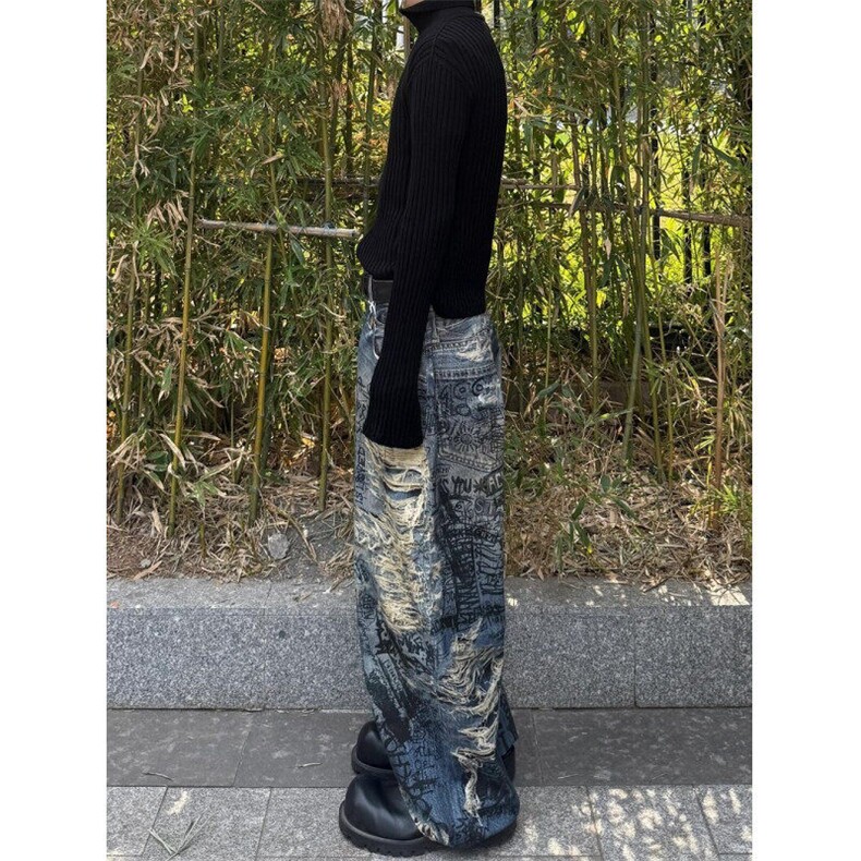 CP1162-P56风格破洞撕裂错视觉3D印花牛仔裤男女款宽松休闲牛仔,男装牛仔裤,电商B323A