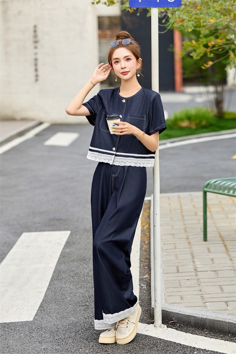 天丝牛仔蕾丝拼接套装女2025春夏新款高级感减龄休闲阔腿裤两件套,女装套装/套裙,魅影