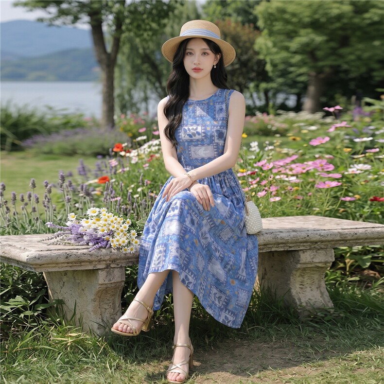 蓝色印花无袖宽松版时尚学院风连衣裙,女装连衣裙,水衣源