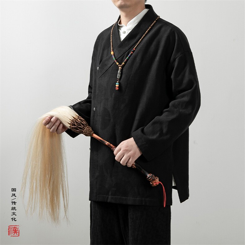 秋冬新款风男装棉麻提花改良汉服加绒新中式外套X15P85,男装民族服装,钱塘802