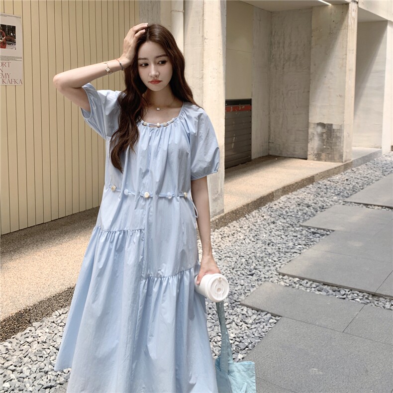 法式收腰浅蓝色2025女夏季新款高级感独特漂亮绝美气质时尚连衣裙图片