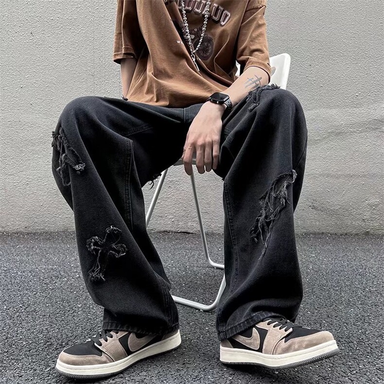 wassuphappy水洗黑色牛仔裤子男春秋夏季2025新款宽松休闲阔腿裤,男装牛仔裤,星座1008-1