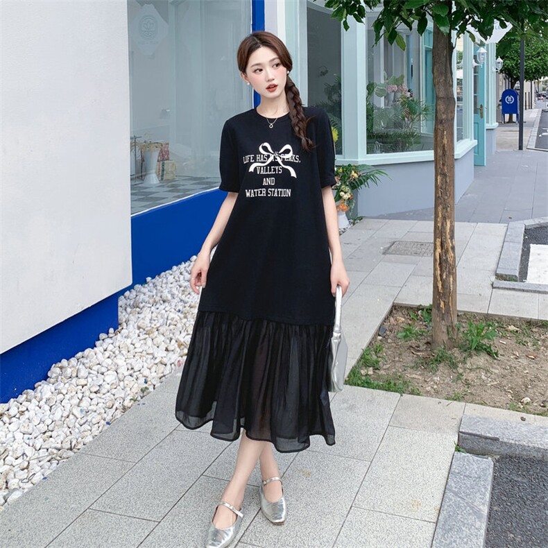 《现货48H发》翻领抽绳印花假两件连衣裙,女装连衣裙,MQ