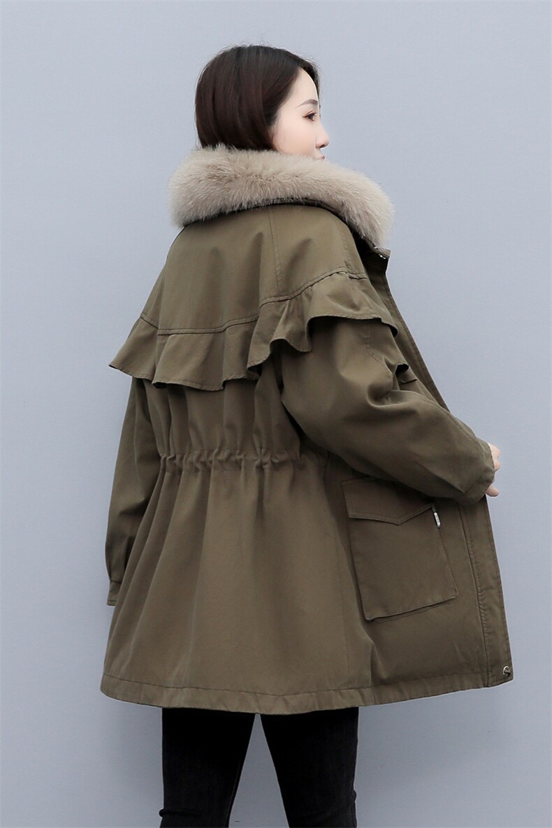 冬季修身长袖连帽百搭大真狐狸毛领加绒拉链收腰抽绳派克服女外套,女装短外套,微微衣阁