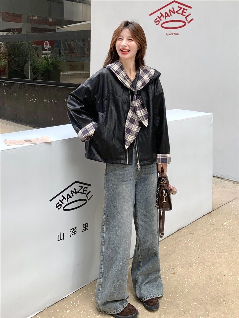 黑色甜酷风可拆卸帽pu皮衣夹克女秋2025新款小个子休闲显瘦短外套,女装皮衣,慧尚2-185