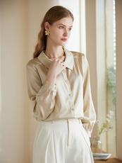 甜美优雅气质公主袖法式丝光款长袖衬衫，女装衬衫，澳冬特羊绒