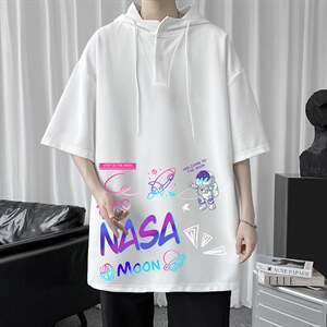 LD54186-P45 NASA联名同款连帽短袖t恤男大码胖子带帽五分袖中袖图片